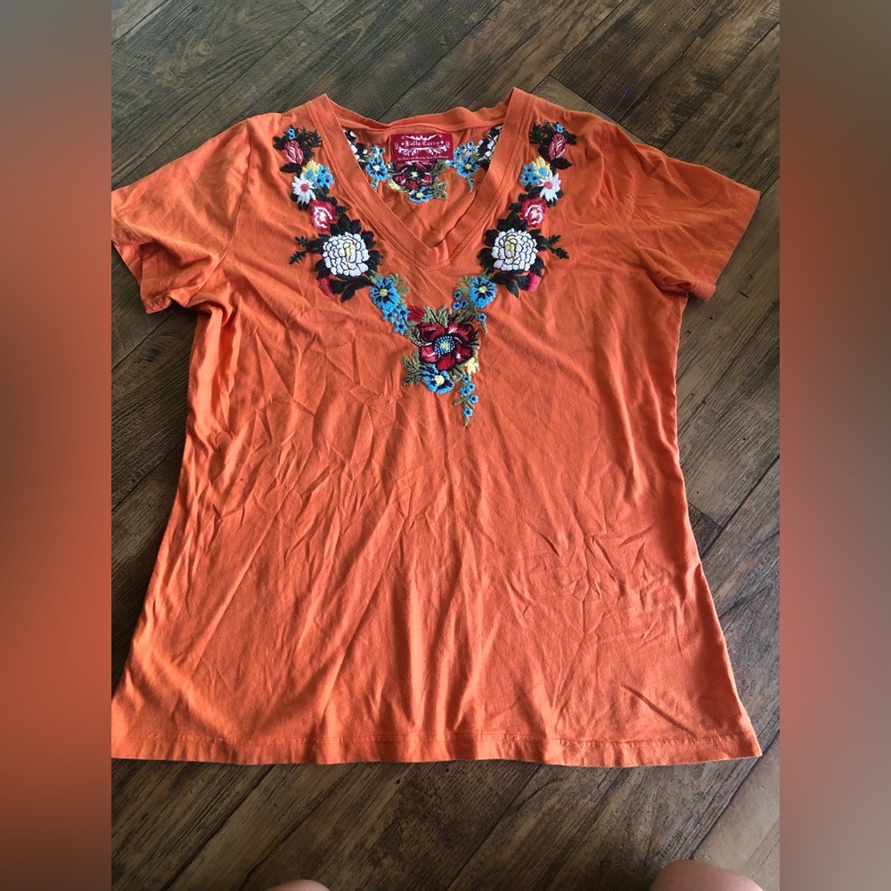 Women’s BELLA CARRA Embroidered T Shirt Orange Floral Flowers Boho Chic